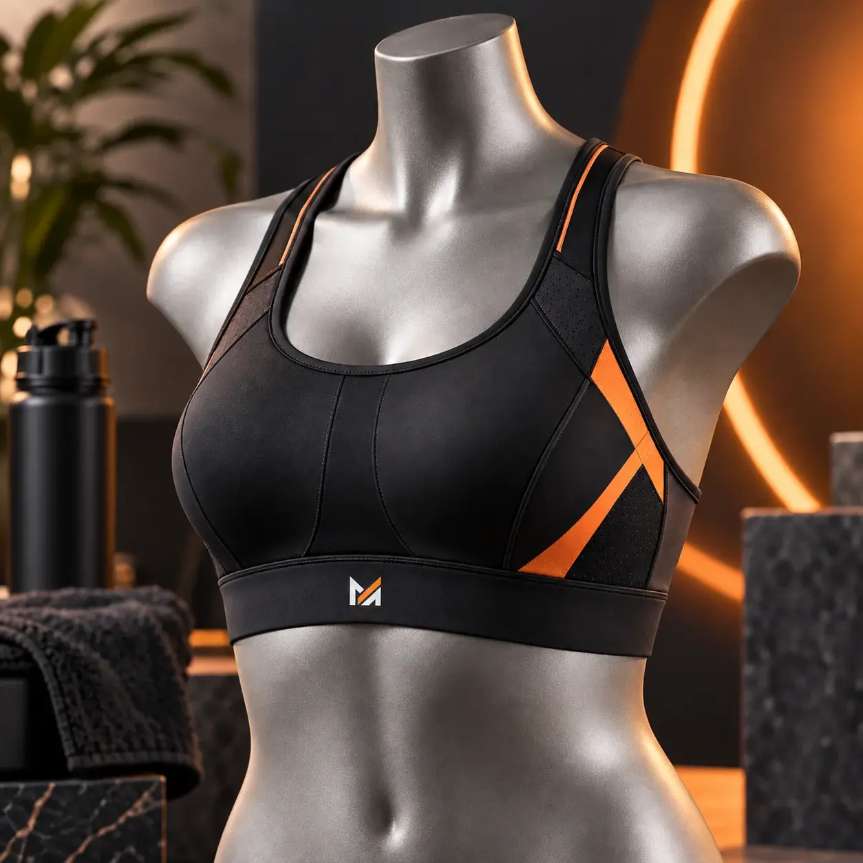 Black custom sports bra with orange accent panels and breathable detailing displayed on a female mannequin, featuring the Mega Apparel logo in a modern fitness studio.